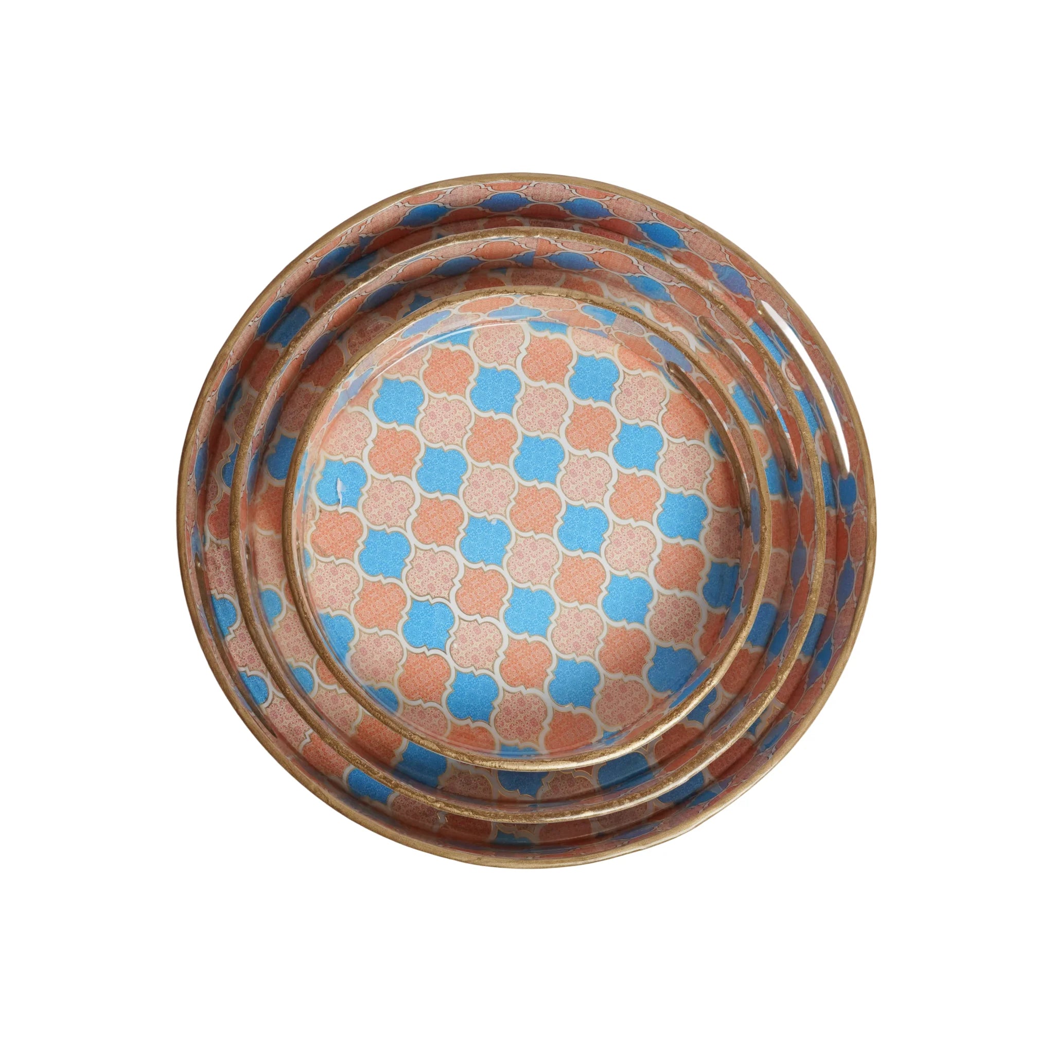 Wooden Blue & Peach Tile Art Serving Tray set of 3 (Round)