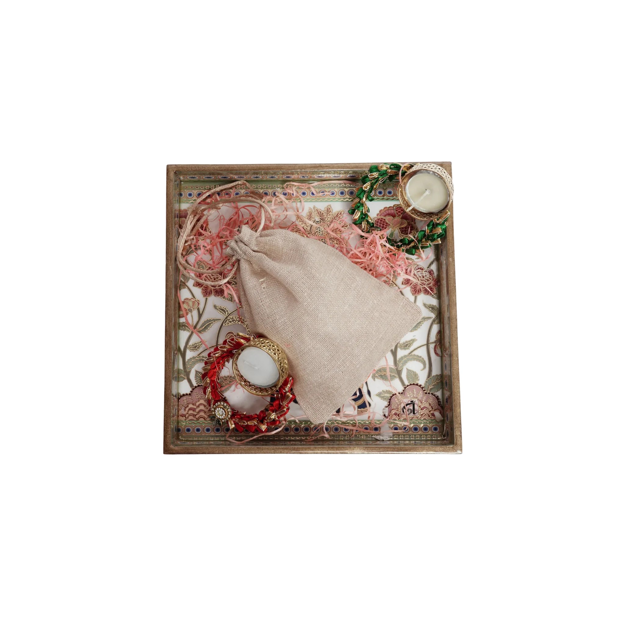 Wooden Elephant Premium Gold Art Square Single Tray With Dry Fruits and Diya