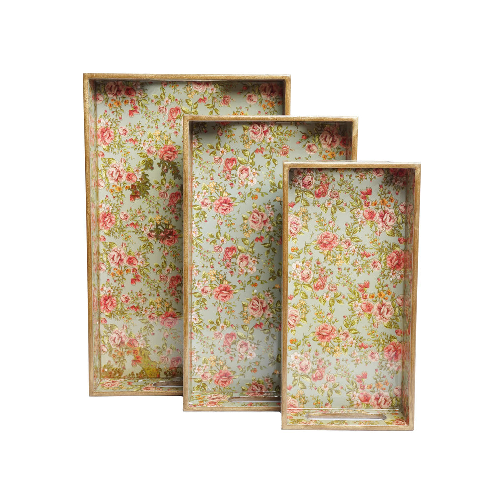 Wooden  Floral Serving Trey Set of 3 with Gold Engraving (Rectangle)