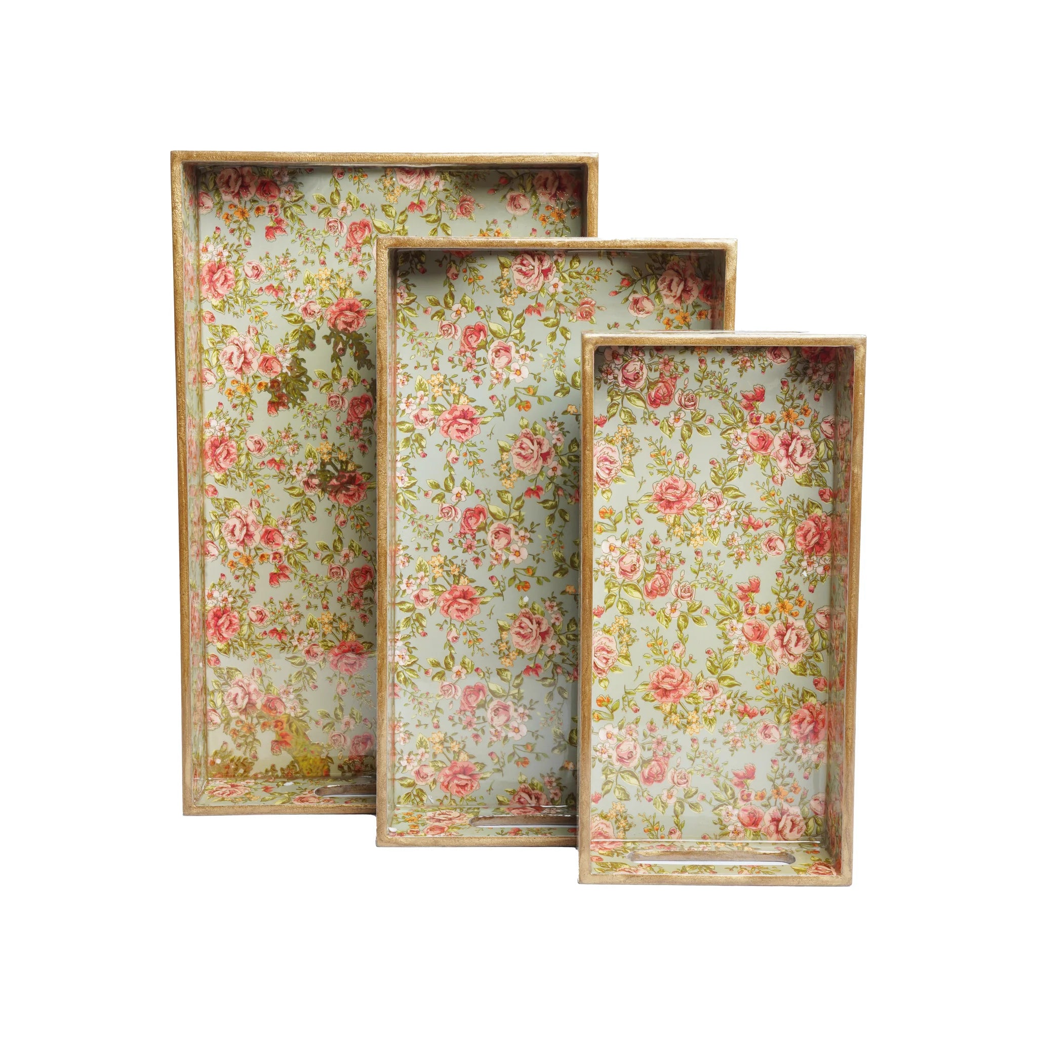 Wooden  Floral Serving Trey Set of 3 with Gold Engraving (Rectangle)