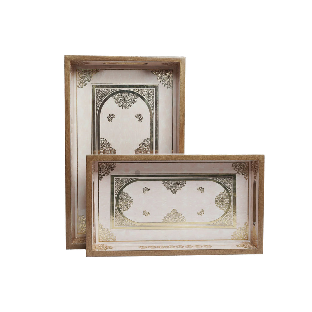 Wooden Jharokha Arch Serving Tray Set of 2 with Gold Engraving (Rectangle)