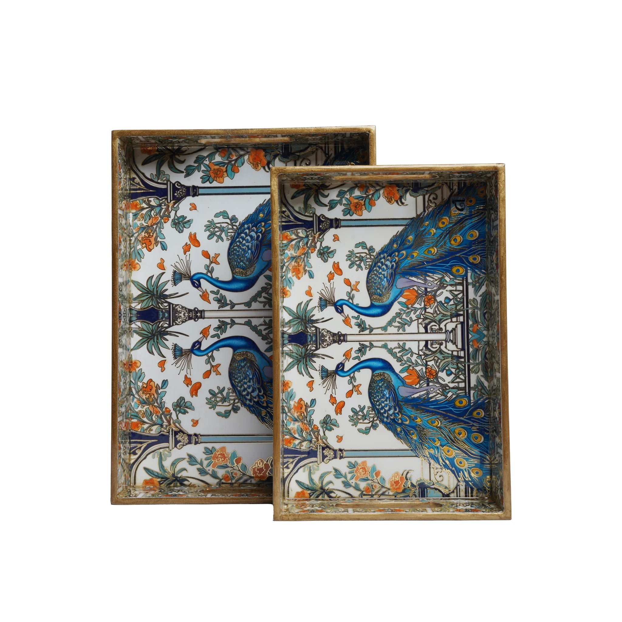 Wooden Blue Peacock ServingTray Set of 2 with Gold Engraving +Napkin Holder (Rectangle)