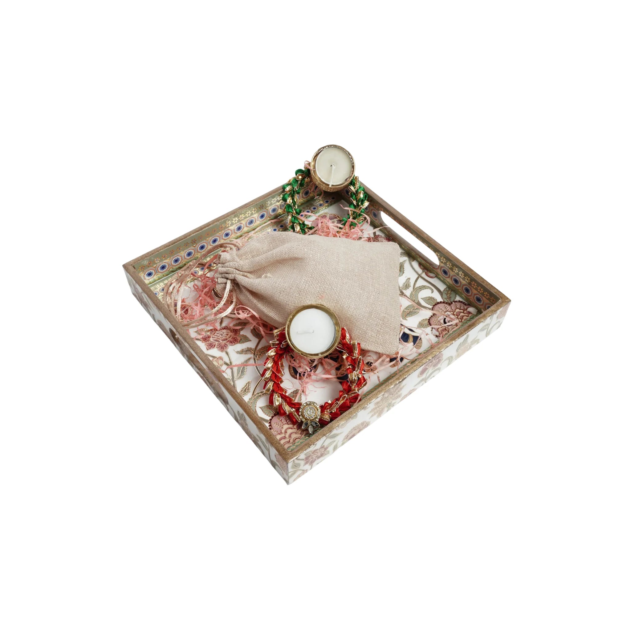 Wooden Elephant Premium Gold Art Square Single Tray With Dry Fruits and Diya