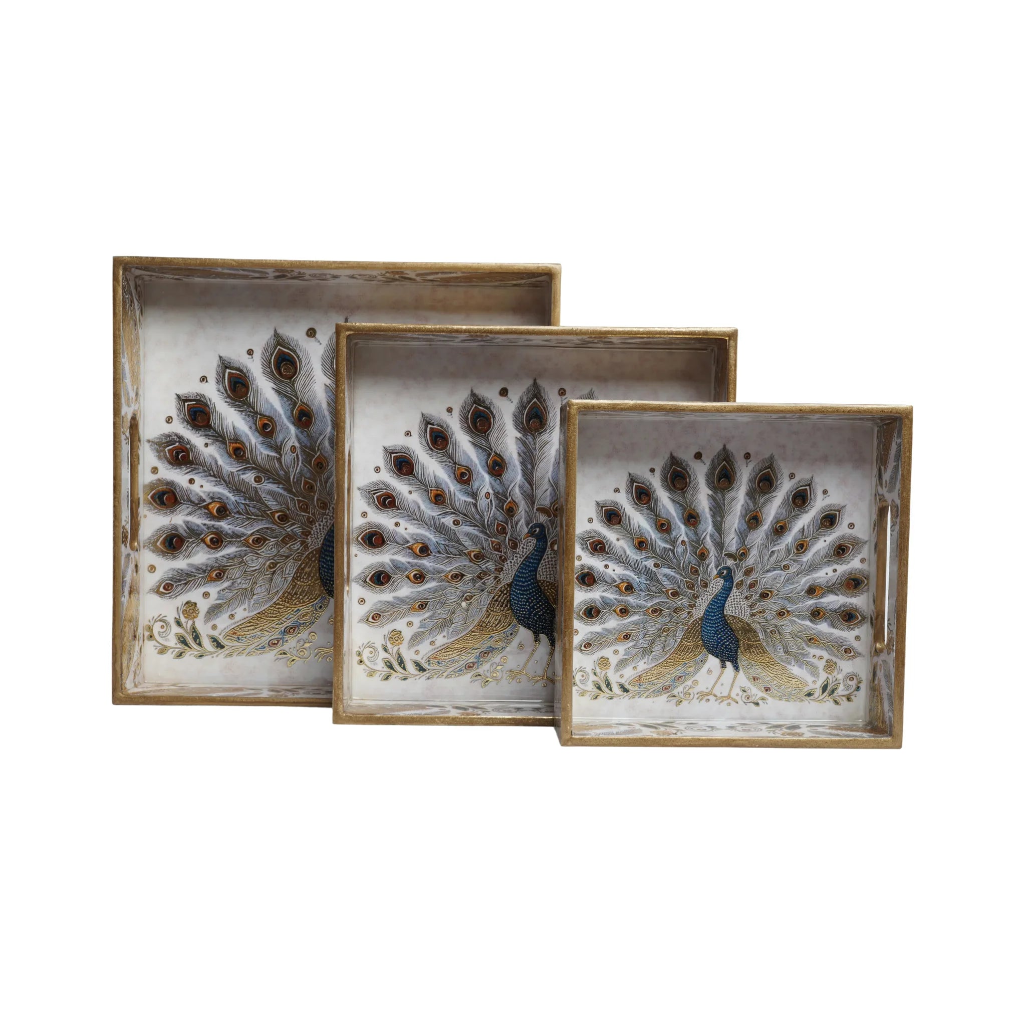 Wooden Royal Peocock Serving Tray set of 3 with Gold Engraving (Square)