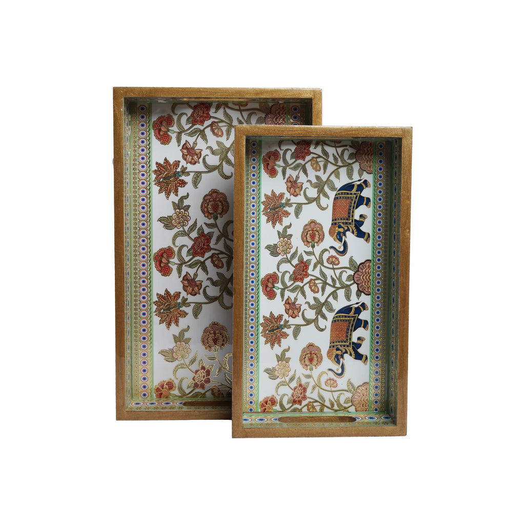 Wooden  Indian Pichwai Serving Tray  Set of 2 with Gold Engraving (Rectangle)