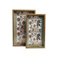 Wooden  Indian Pichwai Serving Tray  Set of 2 with Gold Engraving (Rectangle)