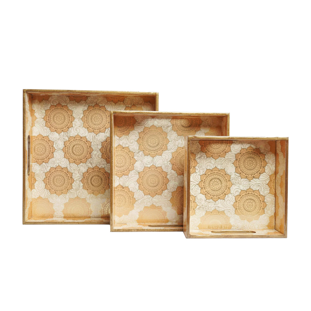 Wooden Gold  Serving Tray Set of 3  with Gold Engraving (Square)