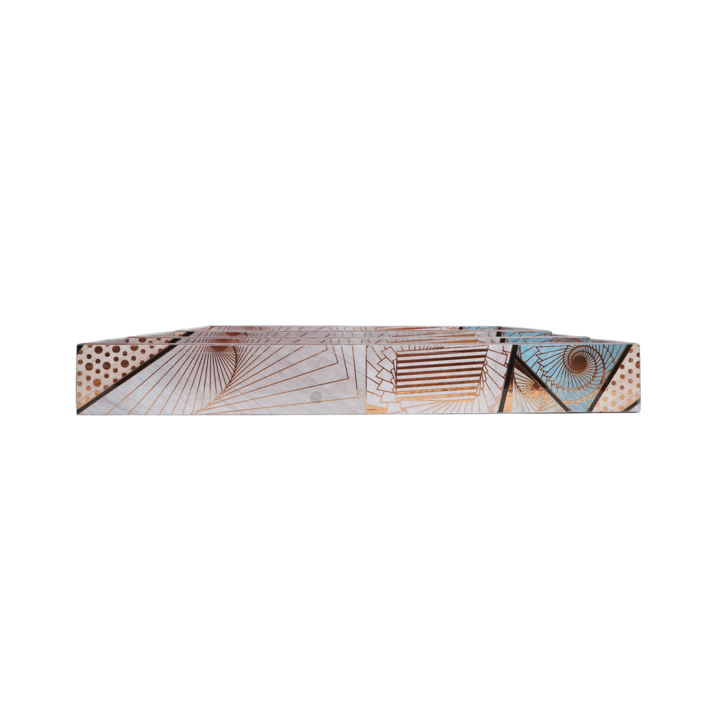 Wooden Abstract Geometric Art Serving Tray  Set of 3 with Gold Engraving (Rectangle)