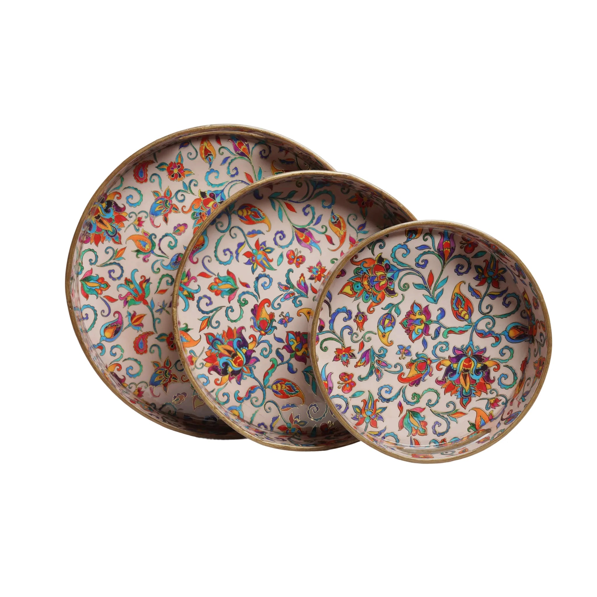 Wooden Kalamkari Floral Serving Tray  Set of 3  (Round)