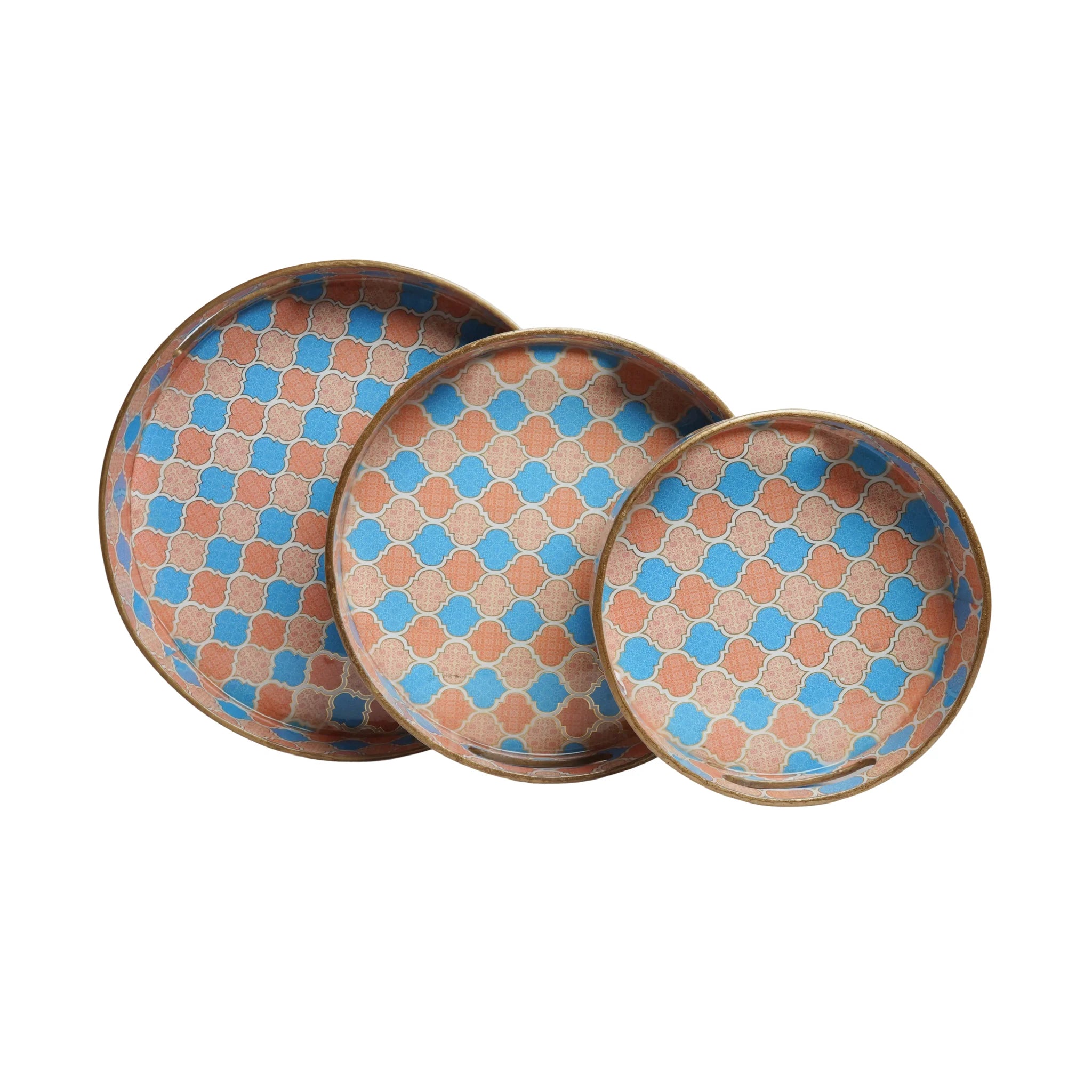 Wooden Blue & Peach Tile Art Serving Tray set of 3 (Round)