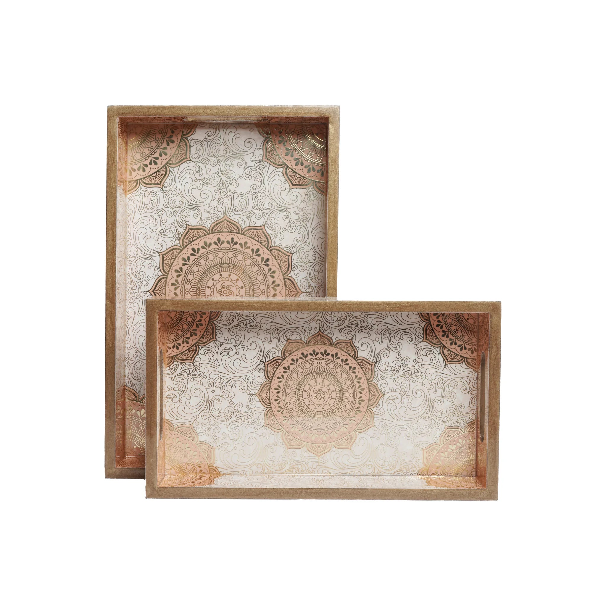 Wooden  Mandala with Vintage Art Serving Tray for Set of 2 with Gold Engraving (Rectangle)