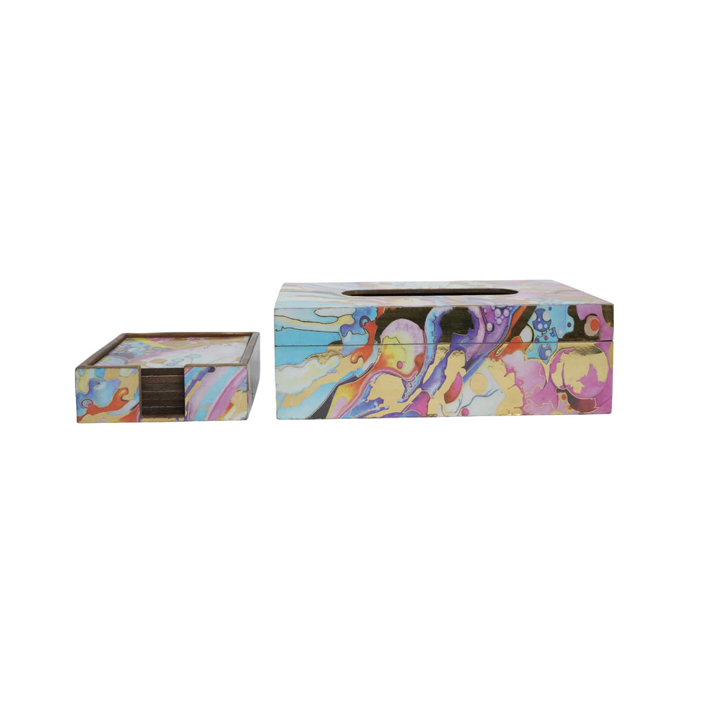 Wooden Digital Printed Tissue Paper Box - Refillable Facial Napkin Holder Stand+Wooden Coaster Set with Holder