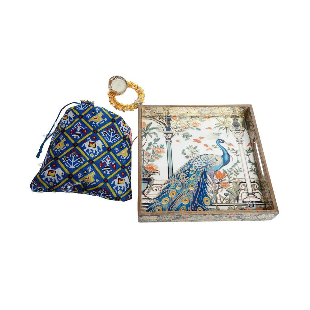Wooden Blue Peocock Squre Single Tray With Dry Fruit and Diya