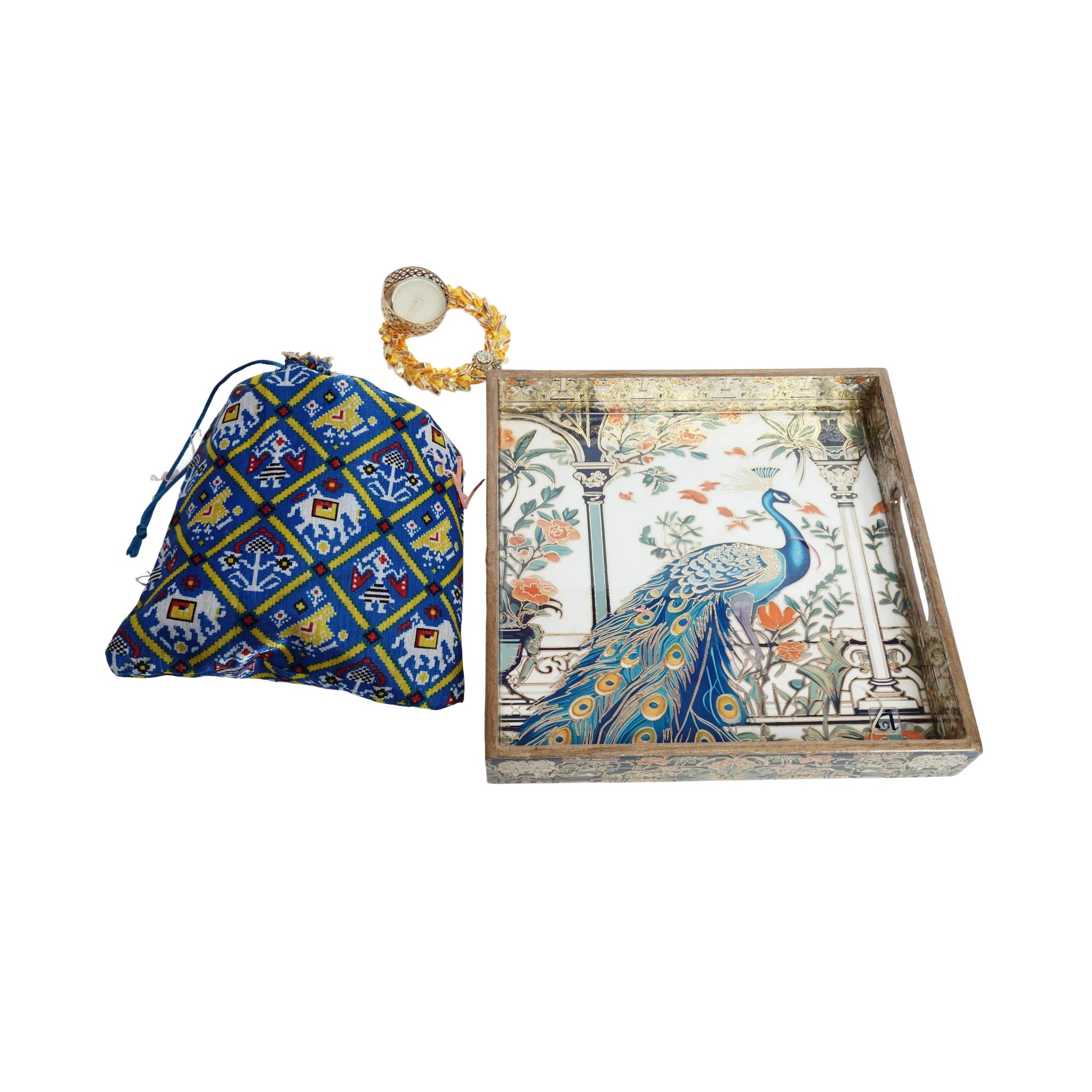 Wooden Blue Peocock Squre Single Tray With Dry Fruit and Diya