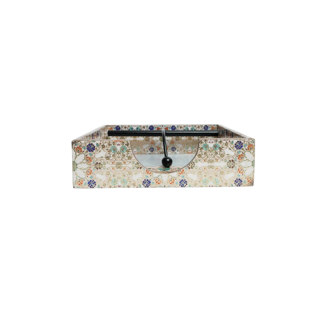 Wooden Multicolour Flower Color Art Weight Tissue Napkin Holder with Weighted Arm (Square)