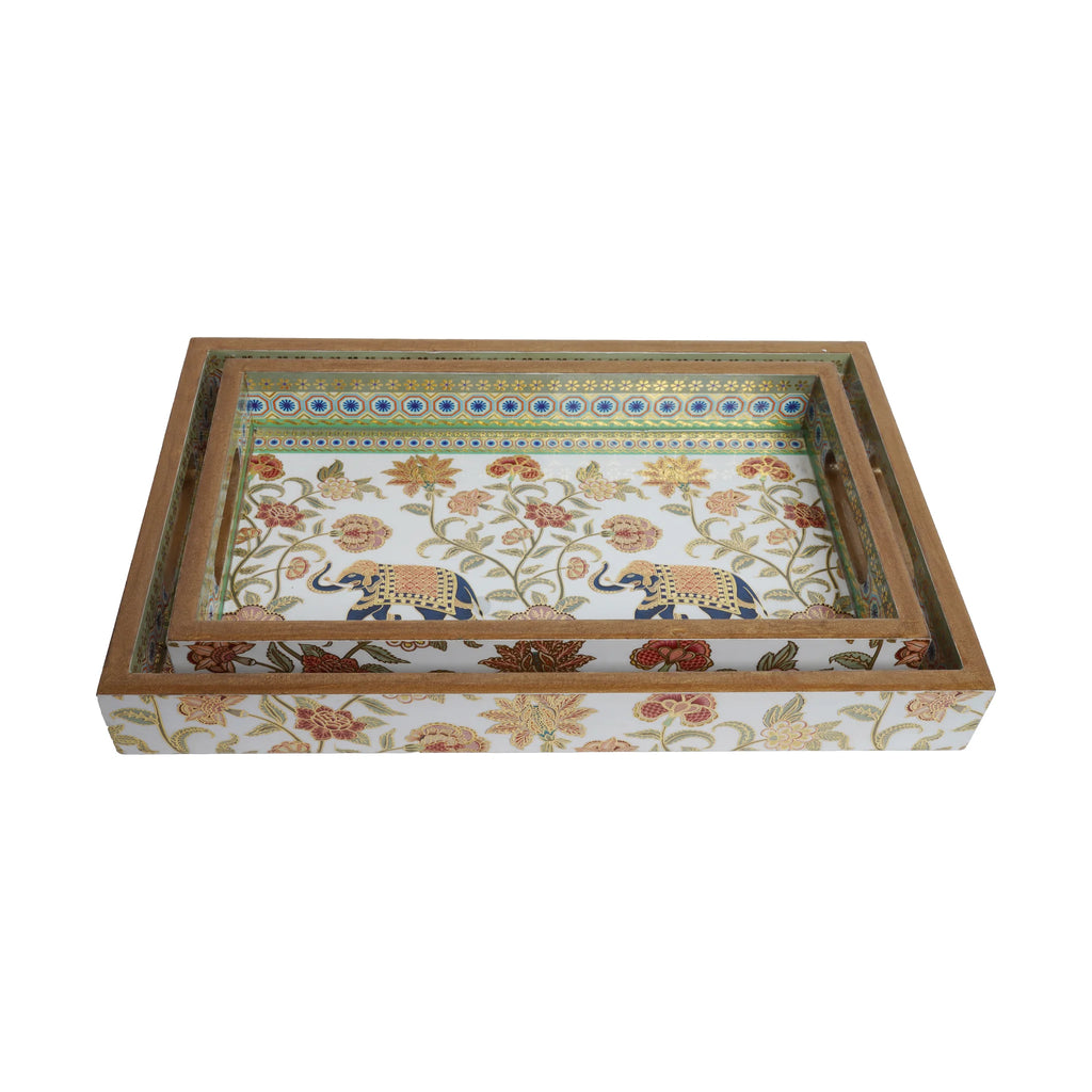 Wooden  Indian Pichwai Serving Tray  Set of 2 with Gold Engraving (Rectangle)