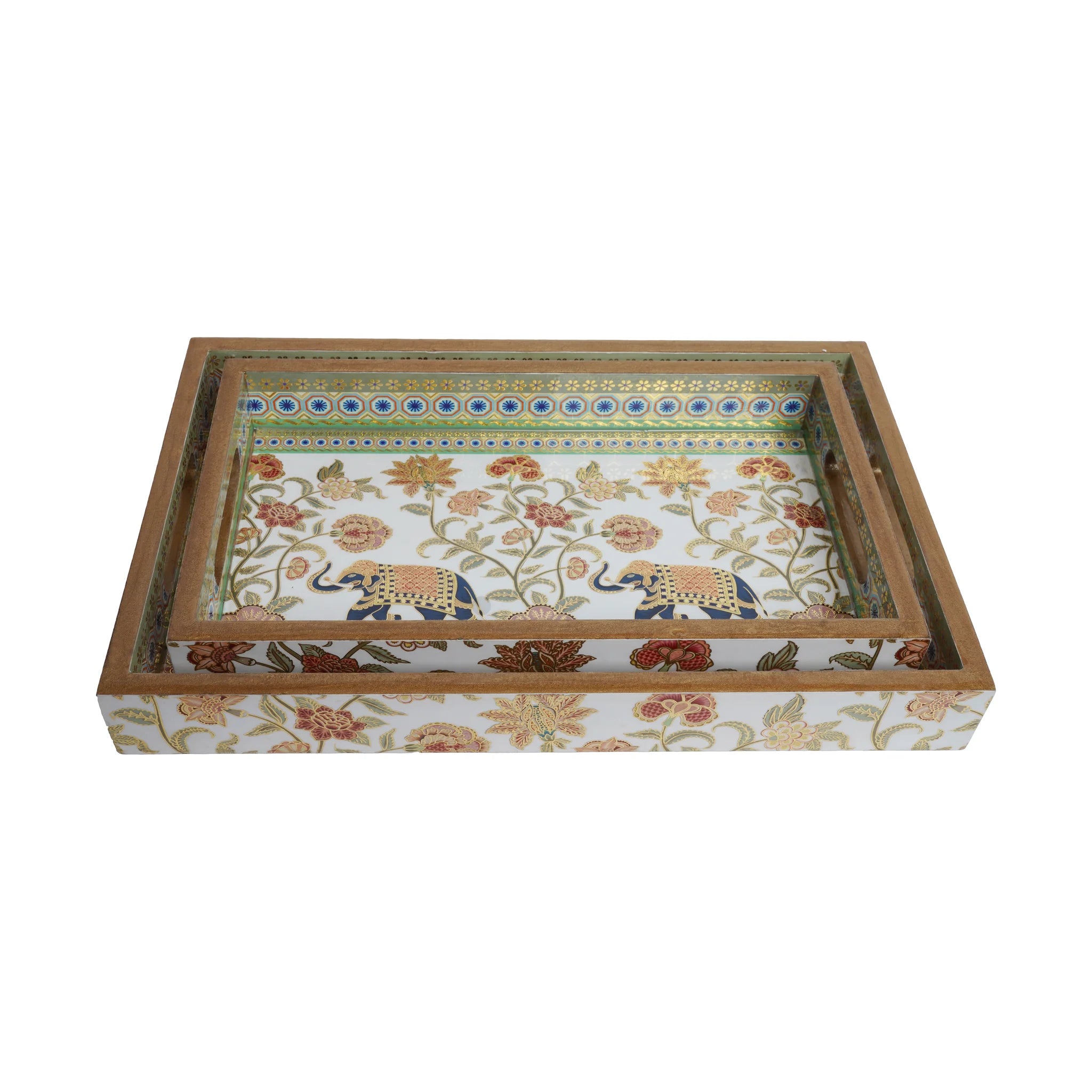 Wooden  Indian Pichwai Serving Tray  Set of 2 with Gold Engraving (Rectangle)
