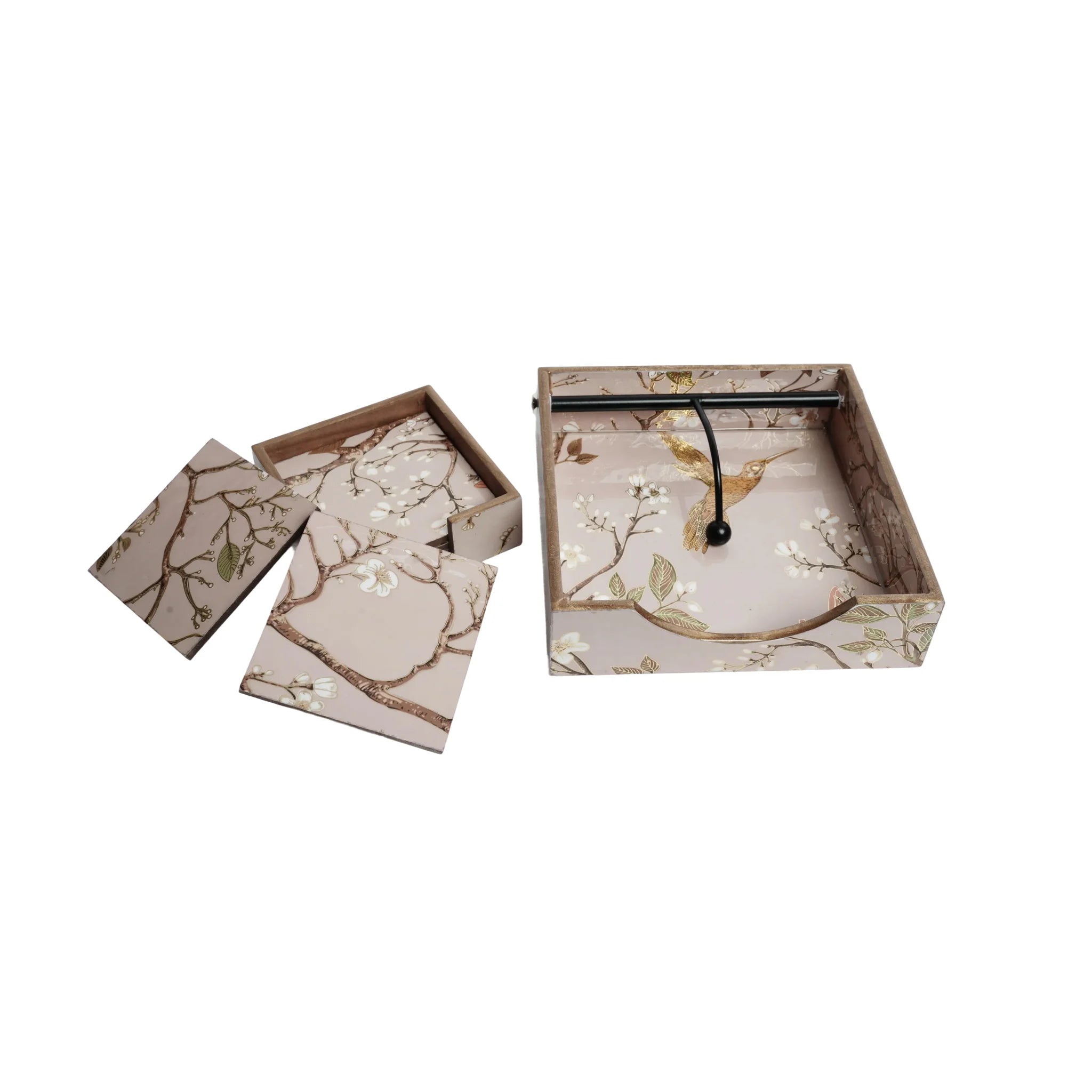 Wooden  Floral Digital Printed Weight Tissue Napkin Holder Square Shaped with Weighted Arm+Wooden Coaster Set of 6 with Holder
