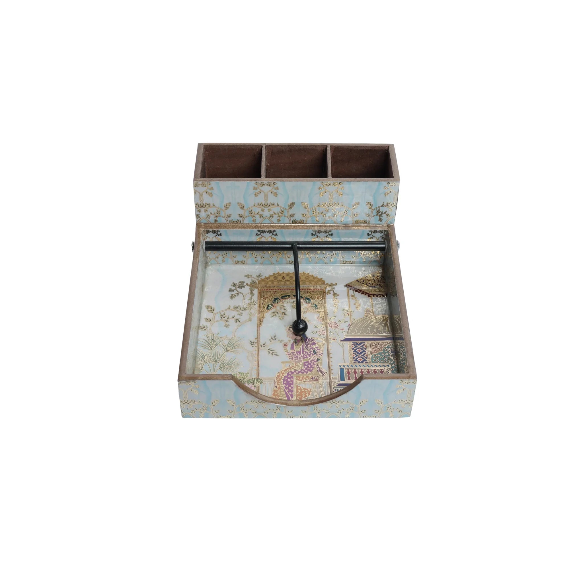 Wooden Mughal miniature Digital Printed Tissue & Cutlery Holder Decorative Organizer 3 Compartment Cutlery + Weight Tissue Holder