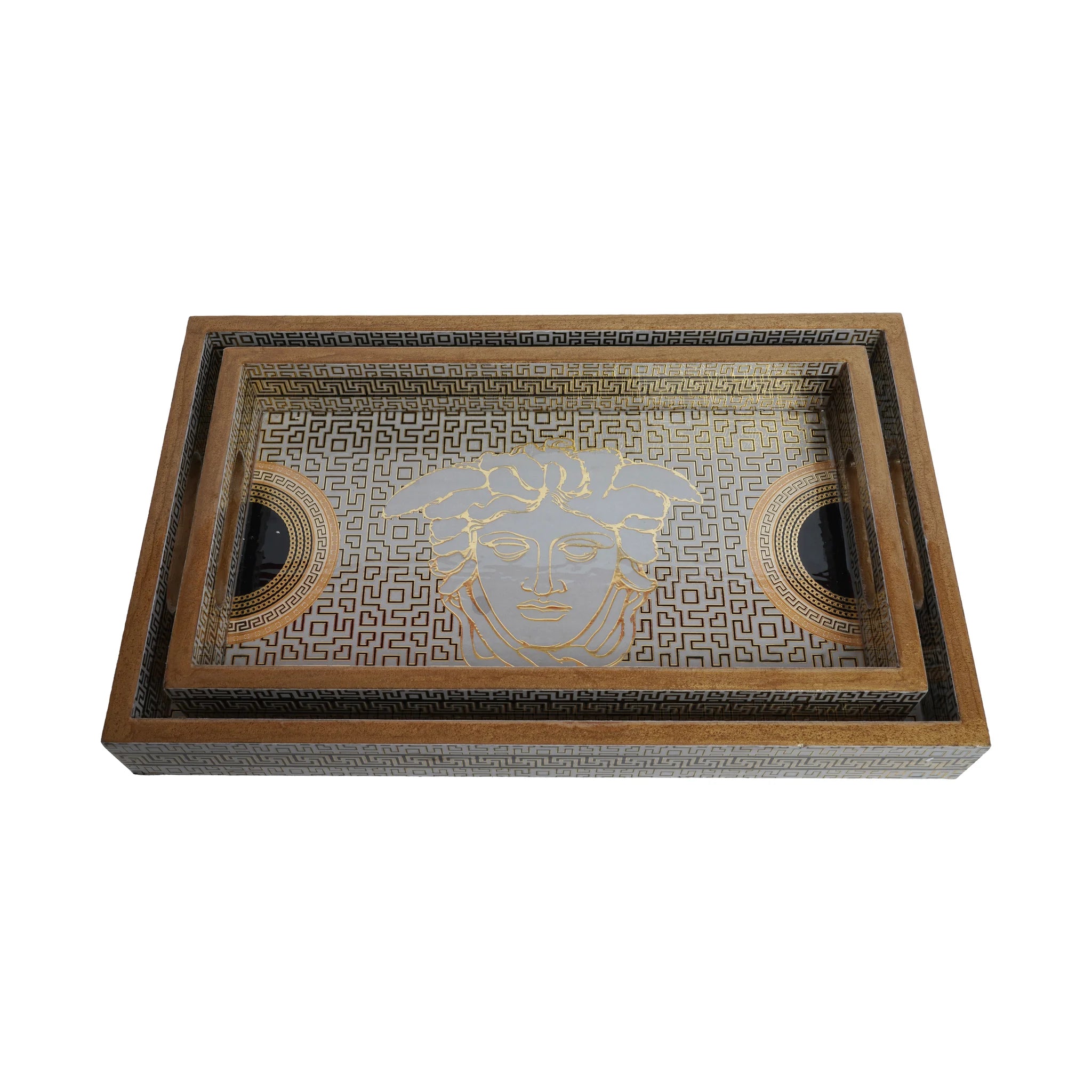 Wooden  Black Gold  Boarder Tray  Set of 2 with Gold Engraving (Rectangular)