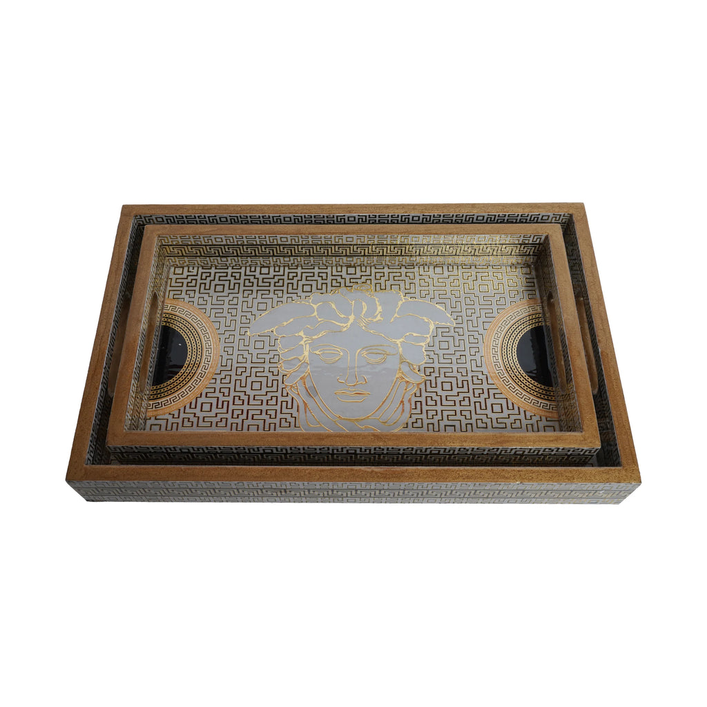 Wooden Black With Gold Border Serving Tray  Set of 2 with Gold Engraving+Tissue Box (Rectangle)