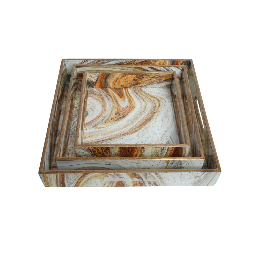 Wooden Italian Marble  Serving Trey set of 3+Tissue Paper Box