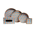 Wooden Blue & Peach Tile Art Tissue Paper Box +Wooden Coaster Set of 6 with Holder+Wooden Serving Tray with  Set of 3 ( Round)