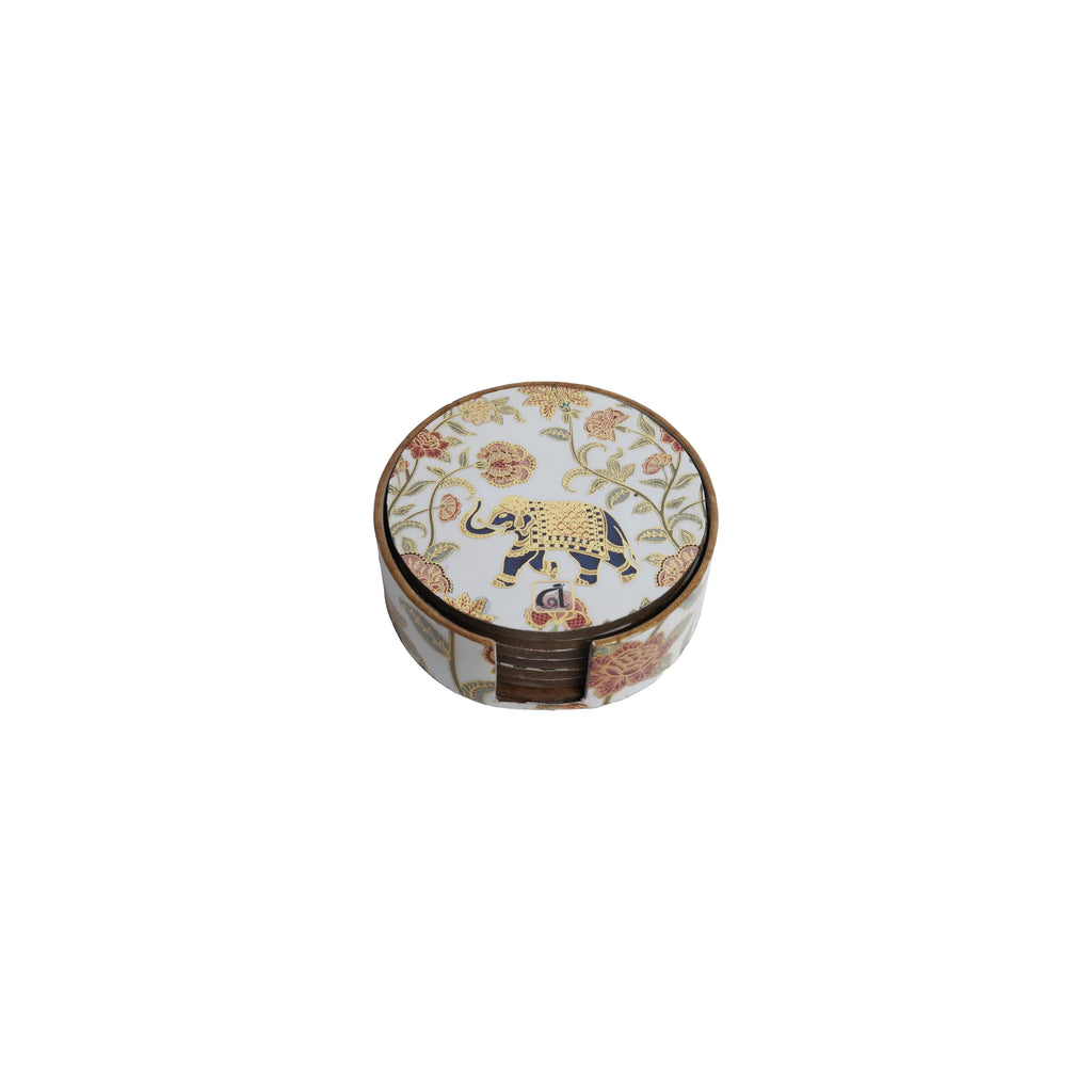 Wooden Indian Pichwai Round Coaster Set of 6 with Holder