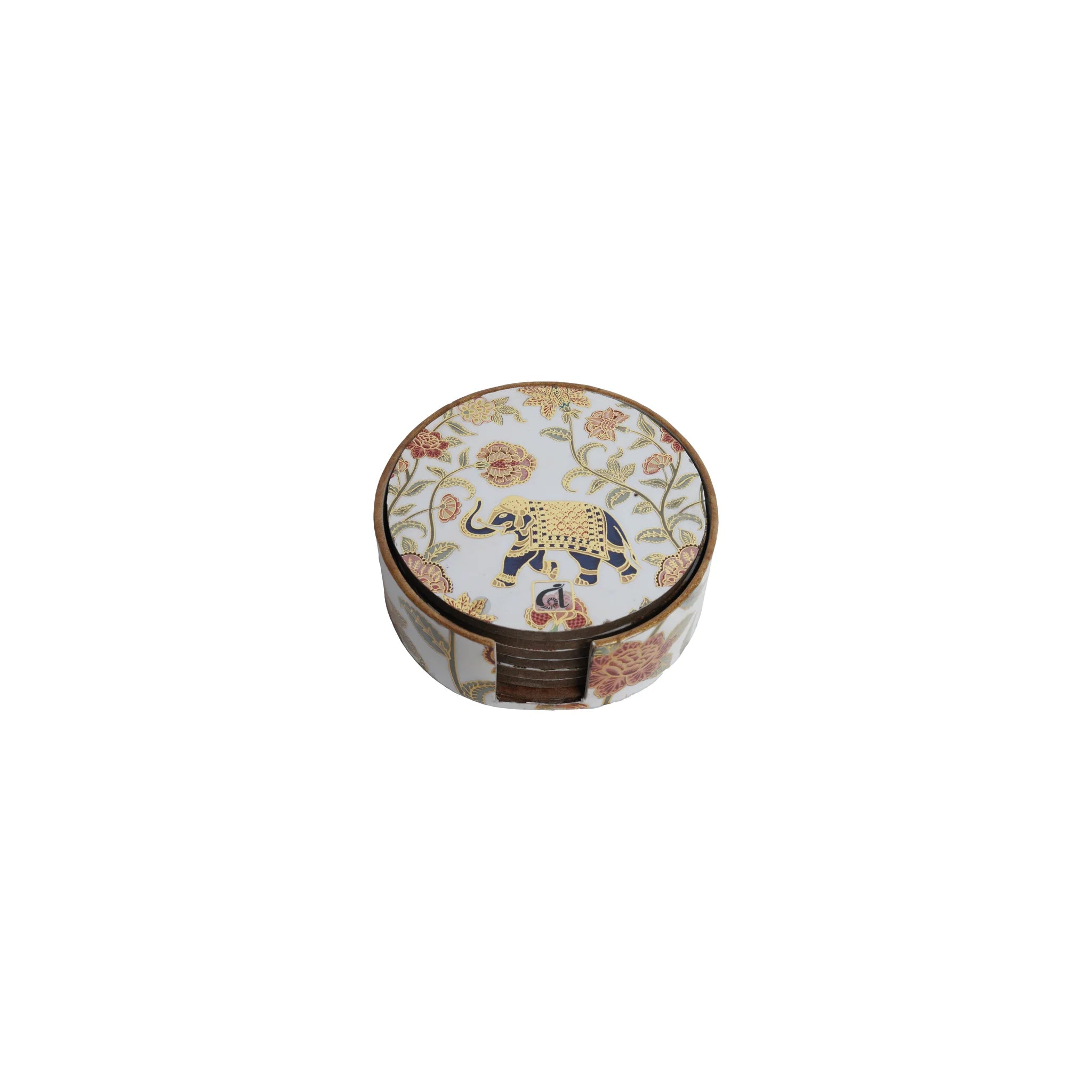 Wooden Indian Pichwai Round Coaster Set of 6 with Holder