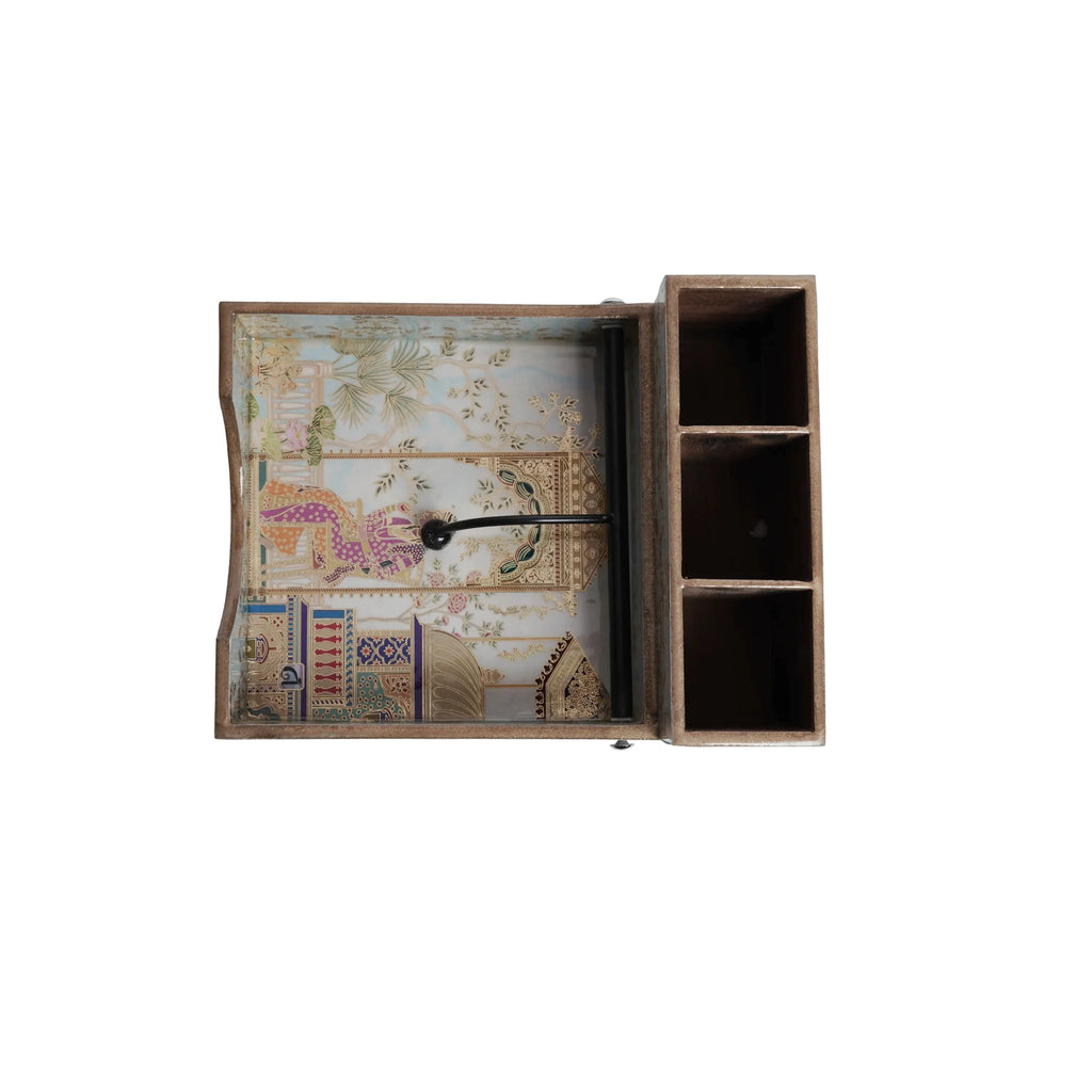 Wooden Mughal miniature Digital Printed Tissue & Cutlery Holder Decorative Organizer 3 Compartment Cutlery + Weight Tissue Holder