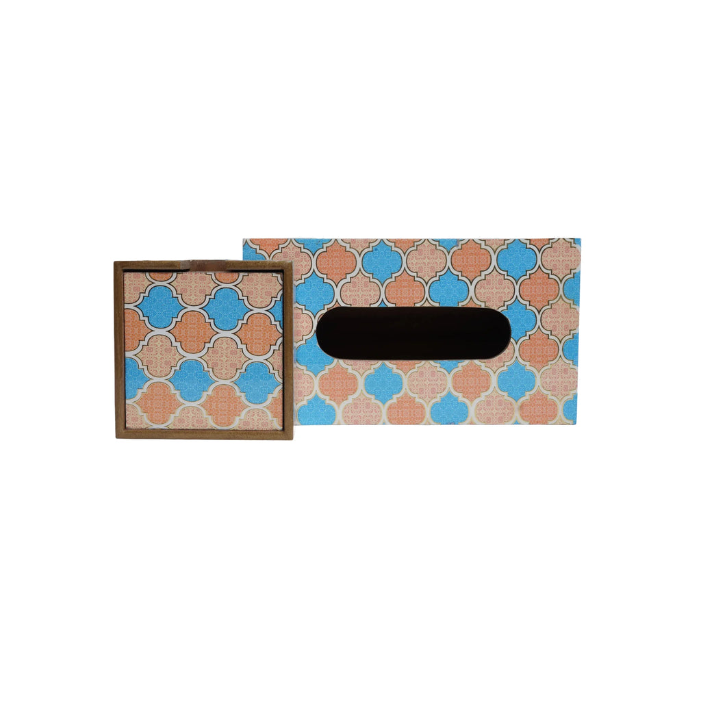 Wooden  Moroccan Tile Art  Digital Printed Tissue Paper Box +Wooden Coaster Set of 6 with Holder