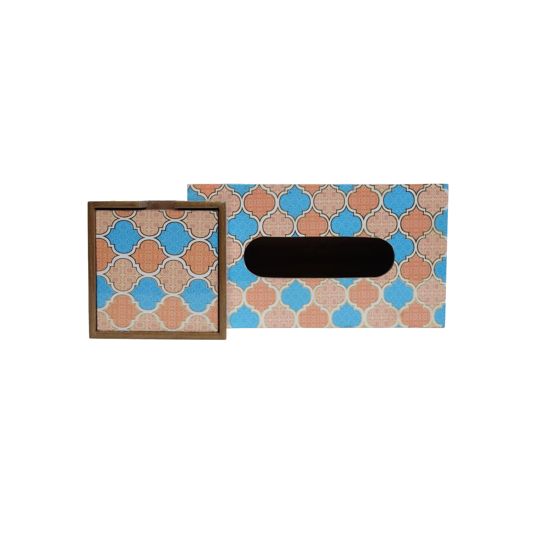 Wooden  Moroccan Tile Art  Digital Printed Tissue Paper Box +Wooden Coaster Set of 6 with Holder