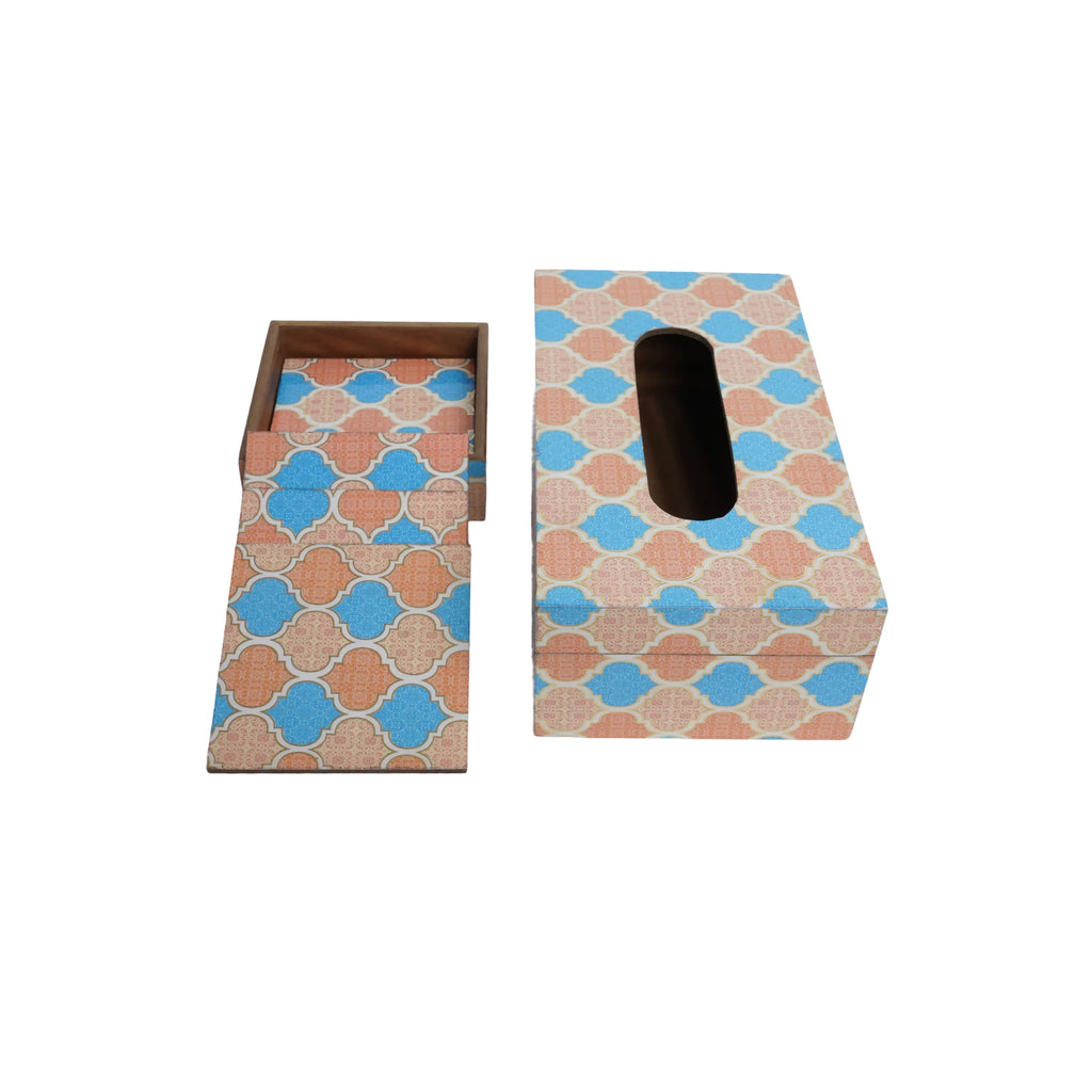 Wooden  Moroccan Tile Art  Digital Printed Tissue Paper Box +Wooden Coaster Set of 6 with Holder