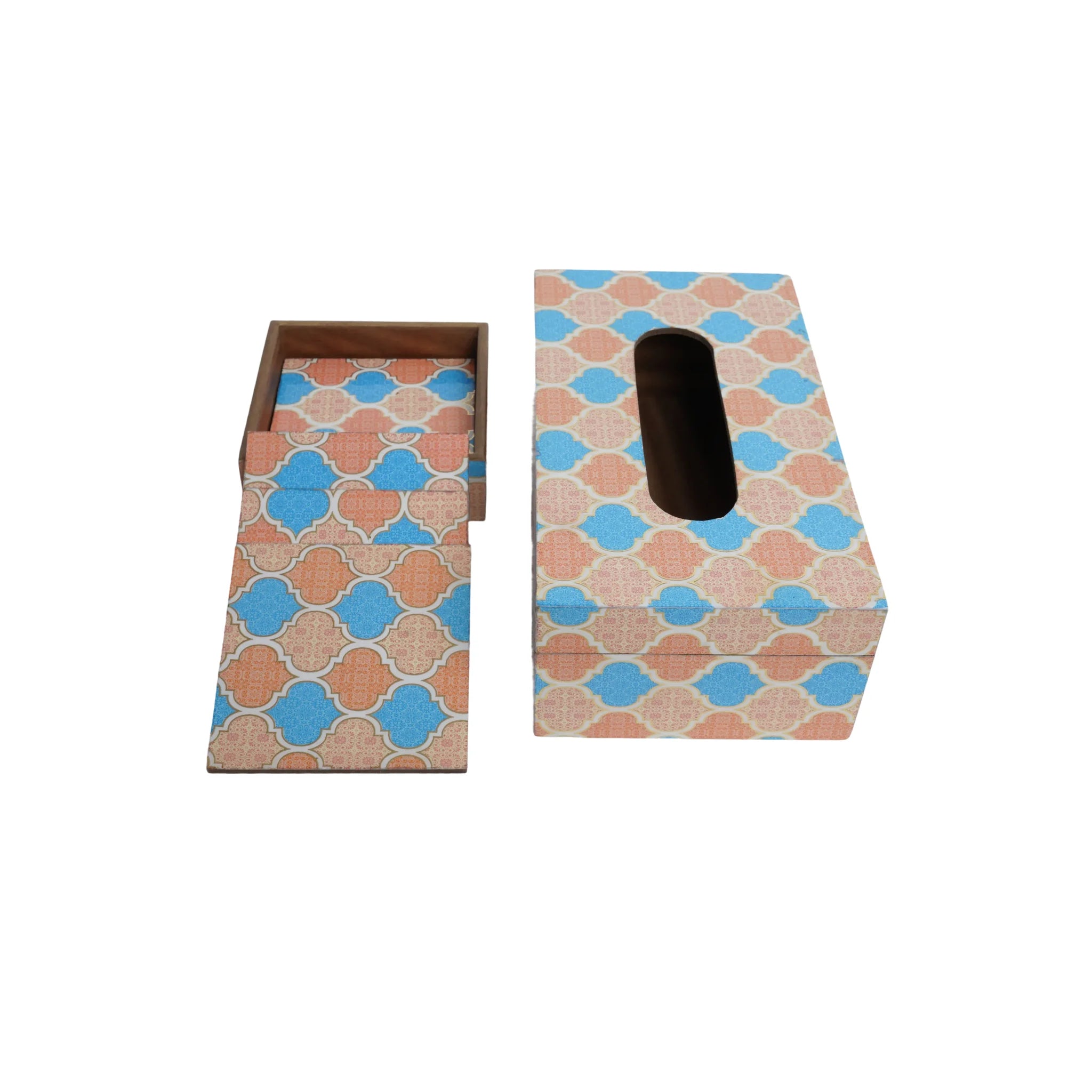Wooden  Moroccan Tile Art  Digital Printed Tissue Paper Box +Wooden Coaster Set of 6 with Holder