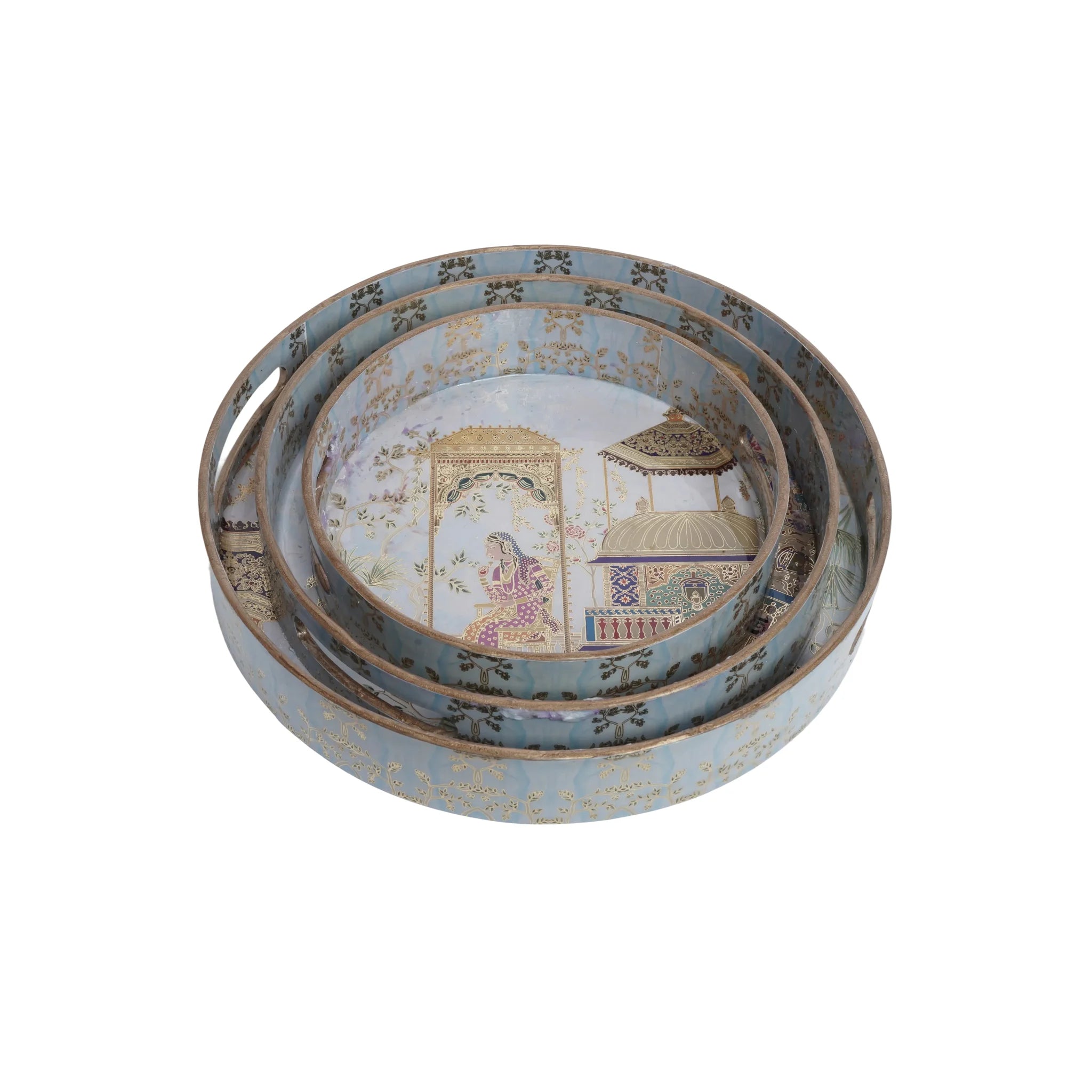 Wooden Mughal miniature Serving Tray Set of 3 with Gold Engraving   (Round)