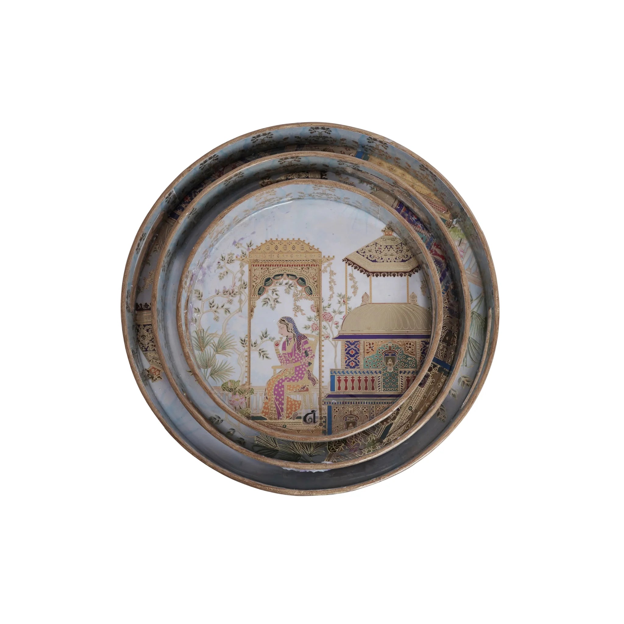 Wooden Mughal miniature Serving Tray Set of 3 with Gold Engraving   (Round)