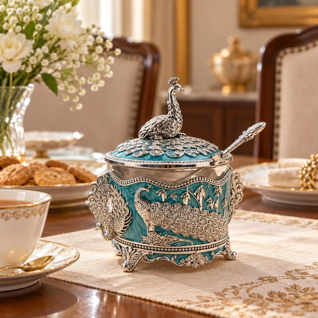 German Silver-Plated Embossed Peacock Sugar Container for Home Décor, Kitchen & Gifting