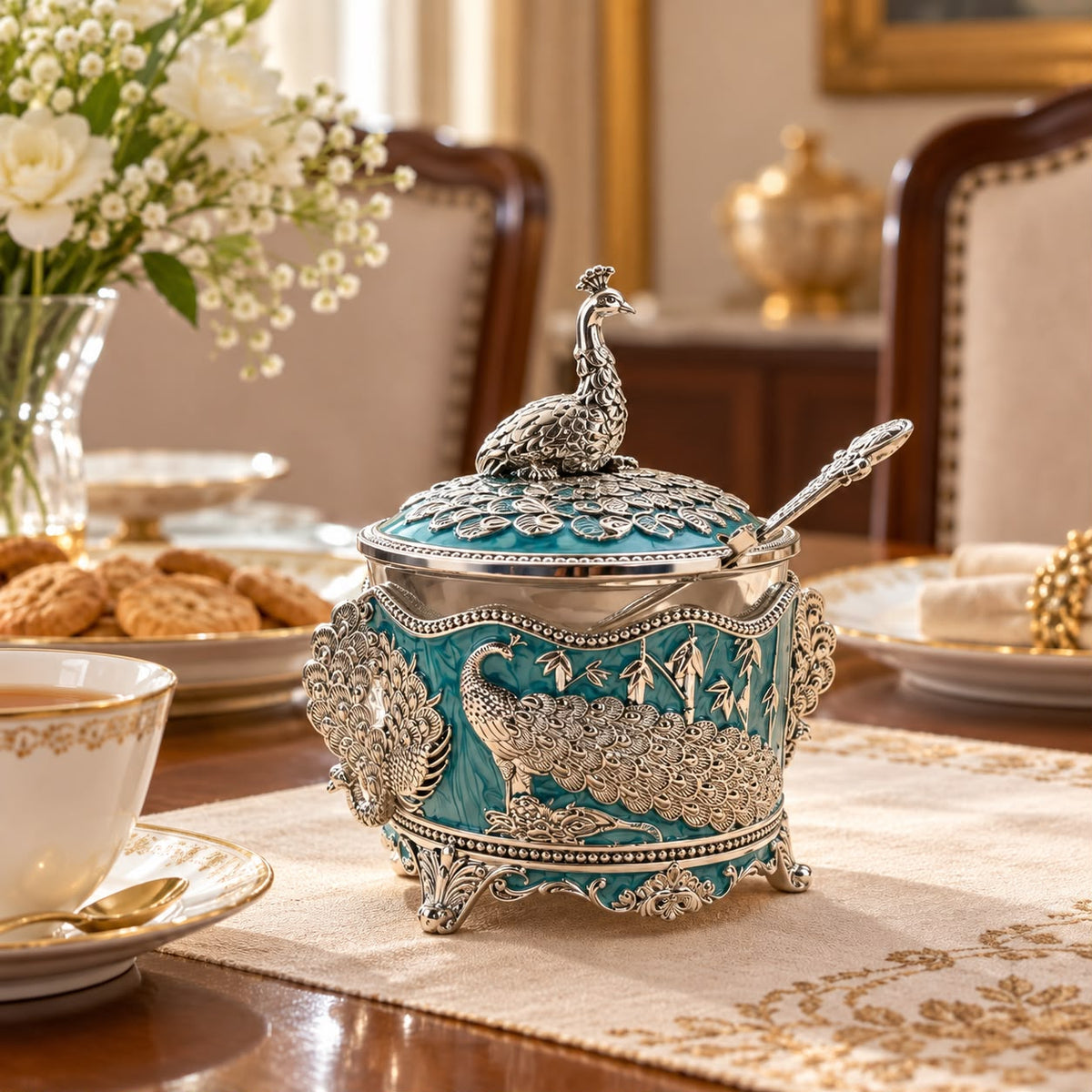 German Silver-Plated Embossed Peacock Sugar Container for Home Décor, Kitchen & Gifting