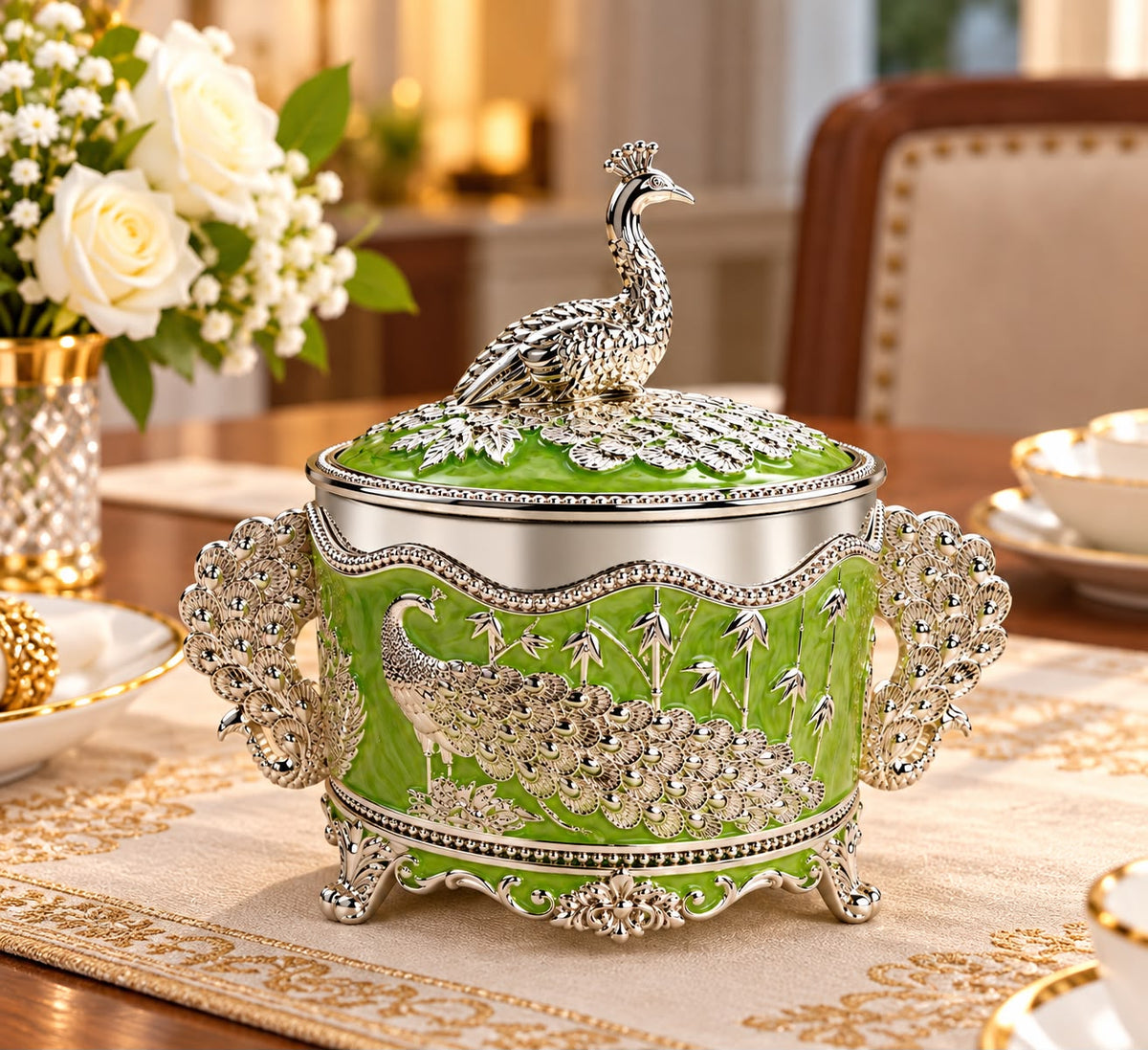 German Silver-Plated Embossed Peacock Sugar Container for Home Décor, Kitchen & Gifting
