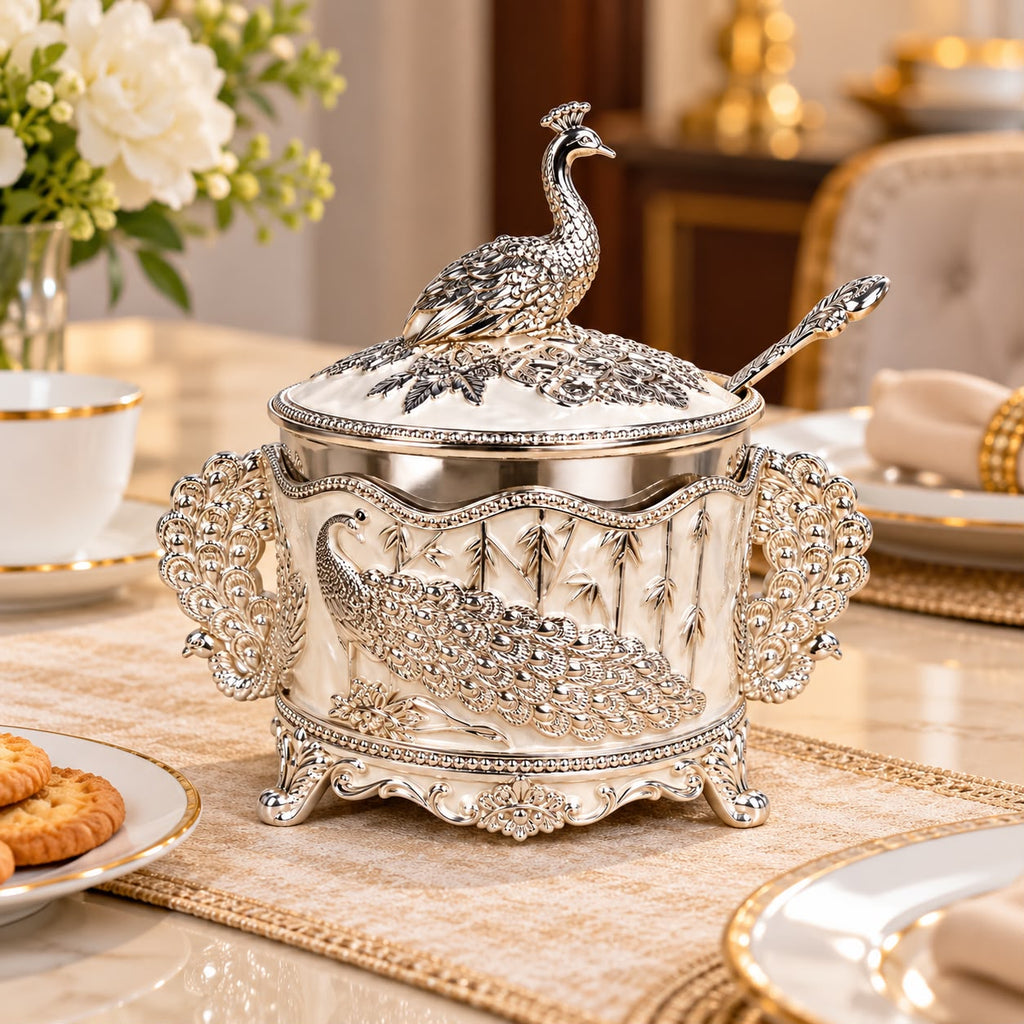 German Silver-Plated Embossed Peacock Sugar Container for Home Décor, Kitchen & Gifting
