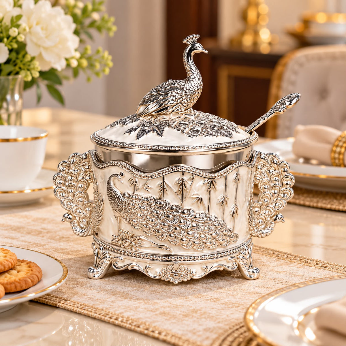 German Silver-Plated Embossed Peacock Sugar Container for Home Décor, Kitchen & Gifting