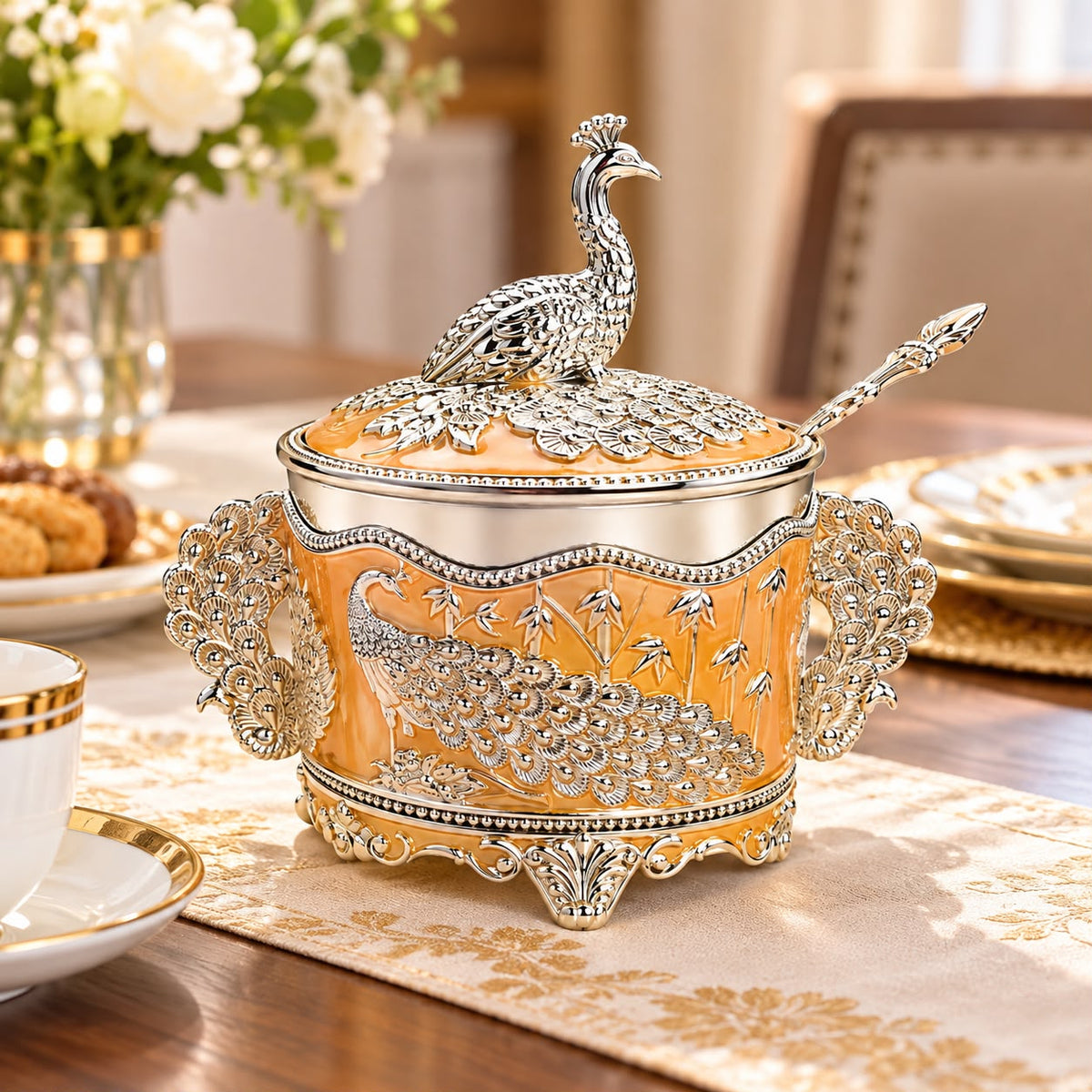 German Silver-Plated Embossed Peacock Sugar Container for Home Décor, Kitchen & Gifting