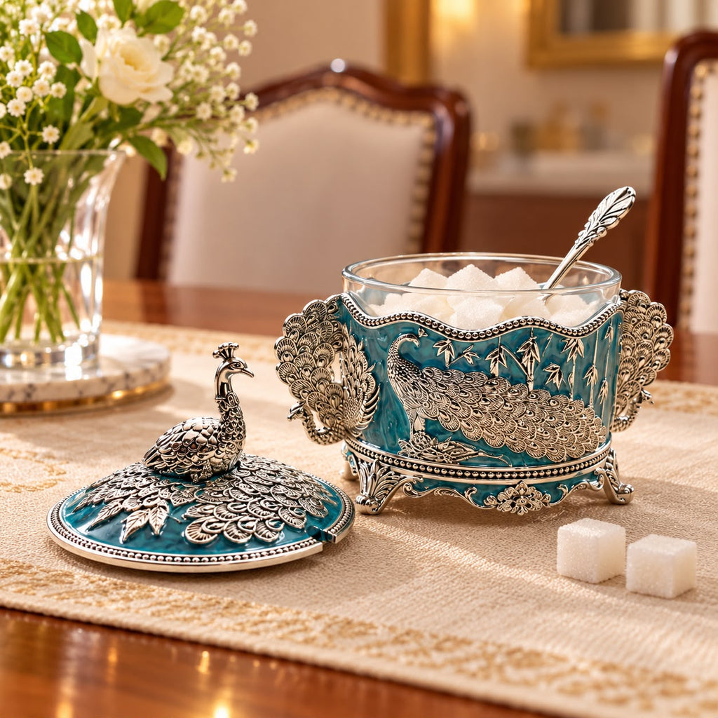 German Silver-Plated Embossed Peacock Sugar Container for Home Décor, Kitchen & Gifting