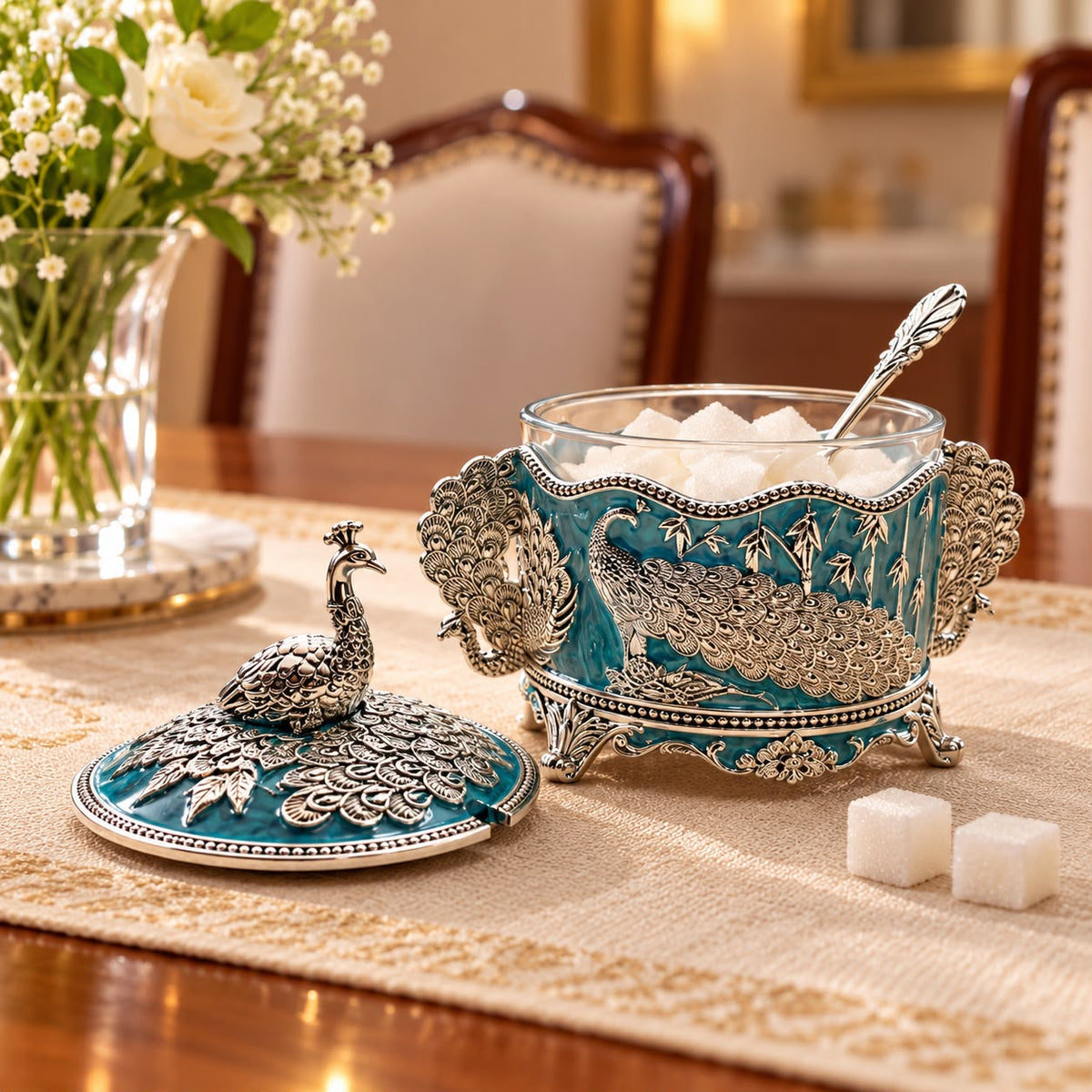 German Silver-Plated Embossed Peacock Sugar Container for Home Décor, Kitchen & Gifting
