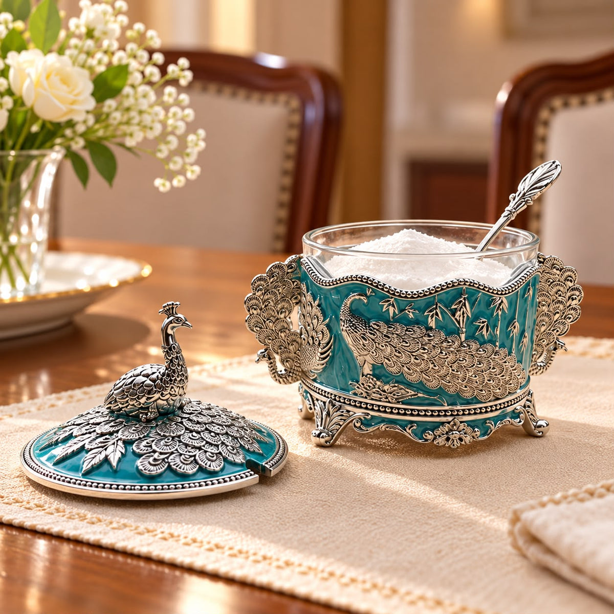 German Silver-Plated Embossed Peacock Sugar Container for Home Décor, Kitchen & Gifting