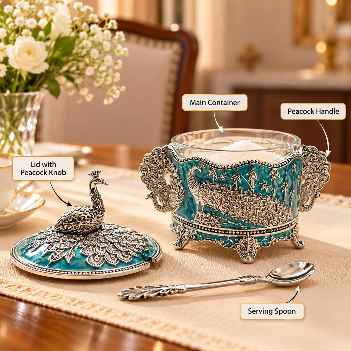 German Silver-Plated Embossed Peacock Sugar Container for Home Décor, Kitchen & Gifting