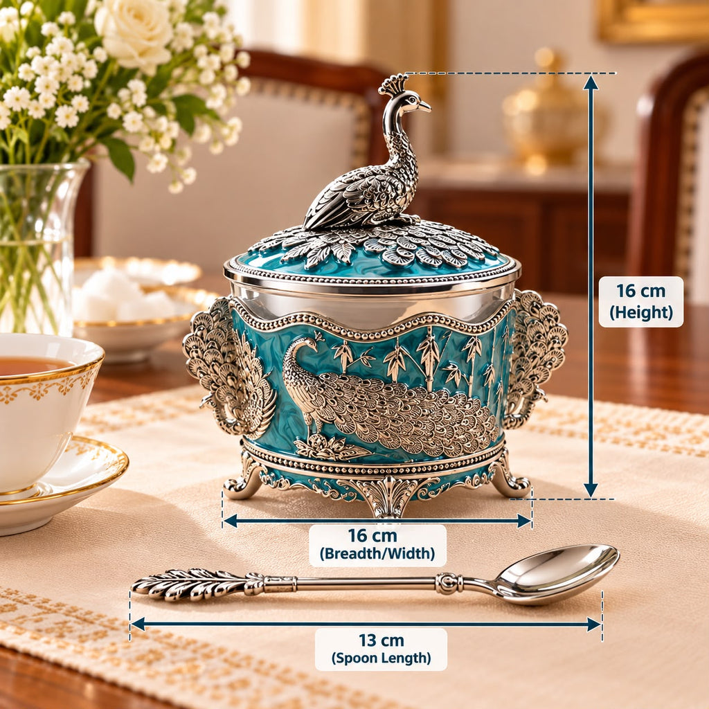 German Silver-Plated Embossed Peacock Sugar Container for Home Décor, Kitchen & Gifting