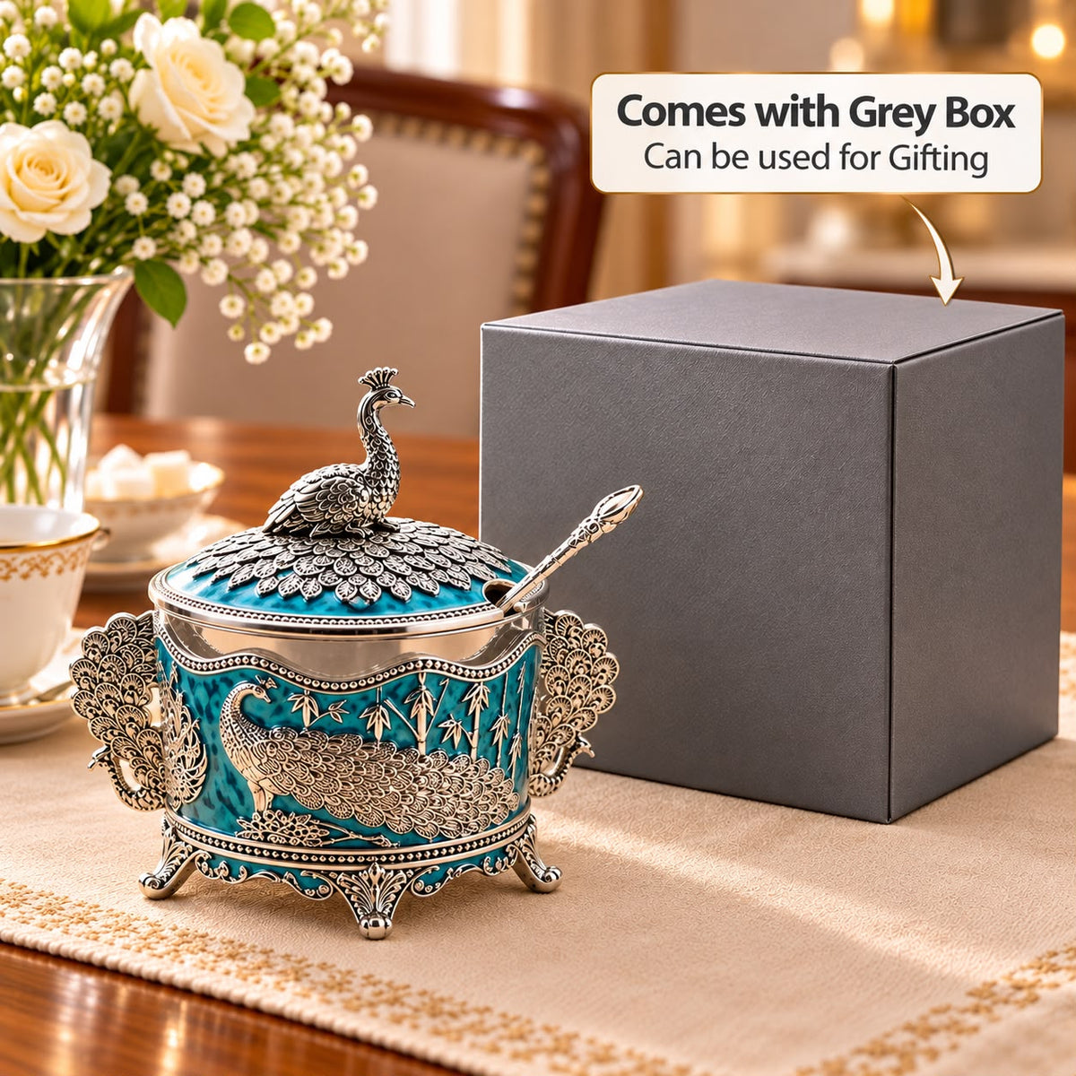 German Silver-Plated Embossed Peacock Sugar Container for Home Décor, Kitchen & Gifting