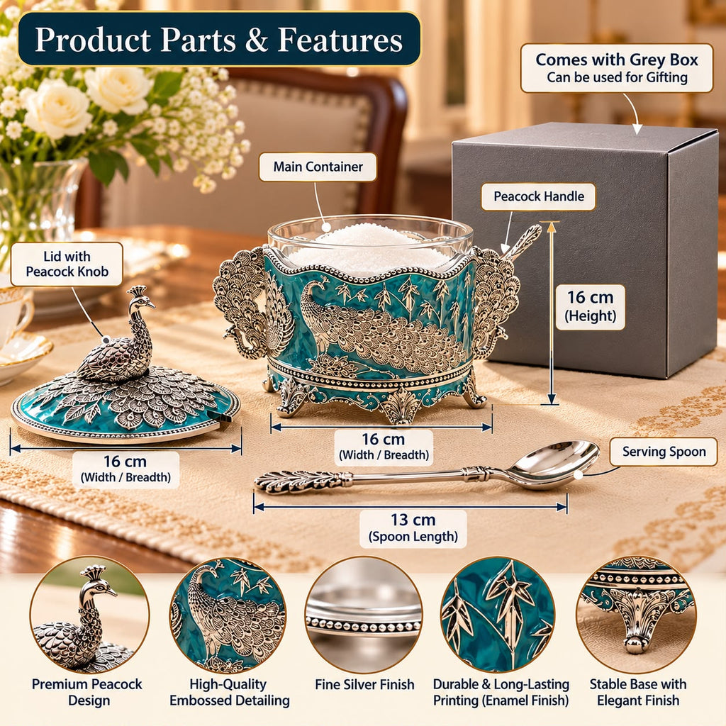 German Silver-Plated Embossed Peacock Sugar Container for Home Décor, Kitchen & Gifting