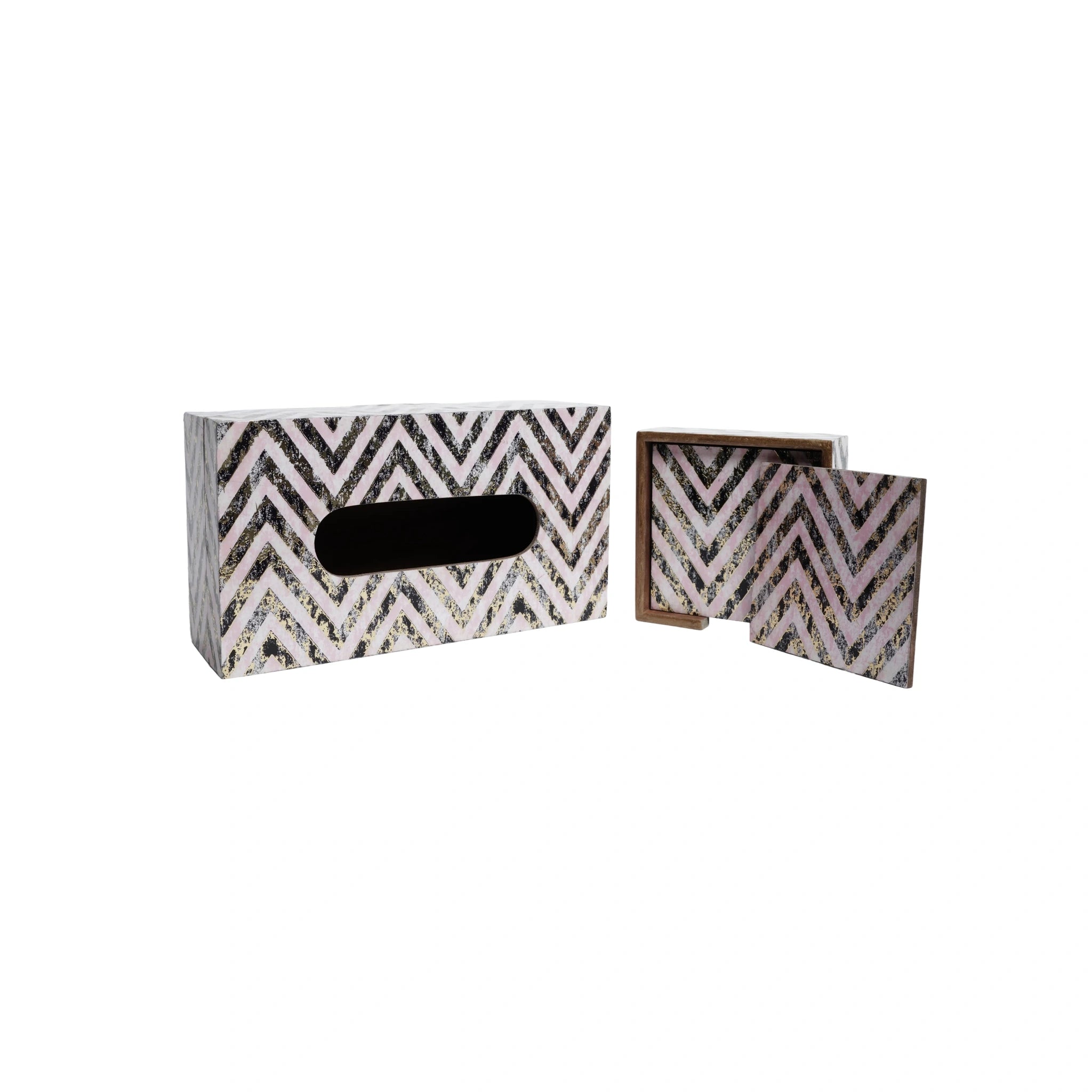 Wooden Zig -Zag Pink & BlackTissue Paper Box +Wooden Coaster Set  of 6 with Holder